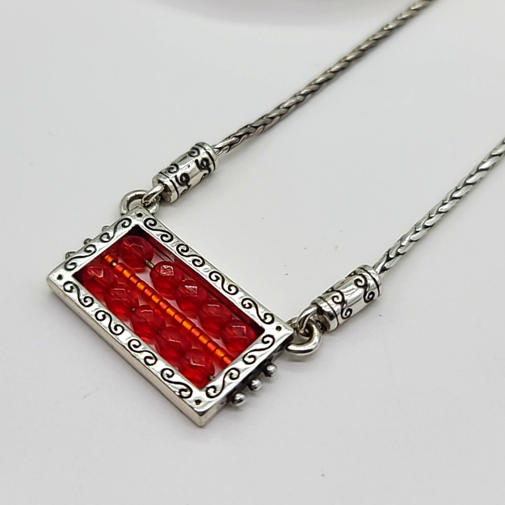 $52 Brighton "BEDAZZLED" Etched Silver Framed Red Crystal Beaded Pendant Neck!